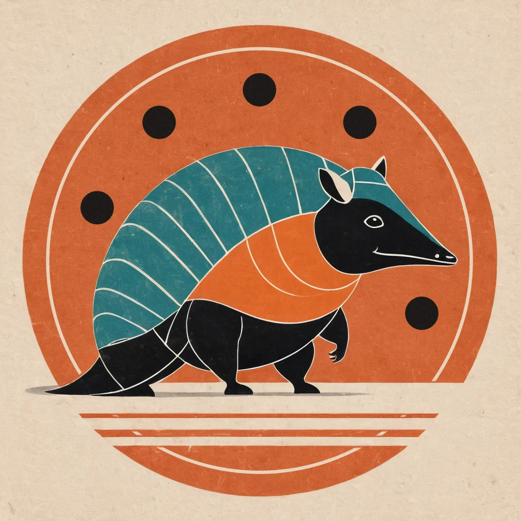 Illustration of an armadillo walking in front of a large terracotta tape reel