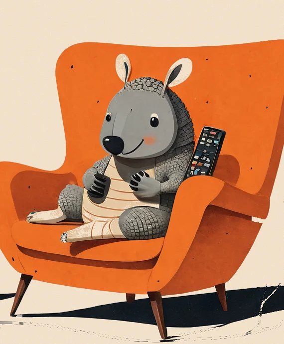 Illustration of an armadillo settled into an orange mid-century armchair, TV remote resting on the armrest