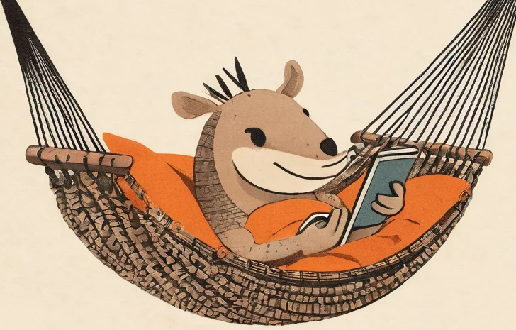 Illustration of an armadillo relaxing in a hammock, watching something on a small handheld screen